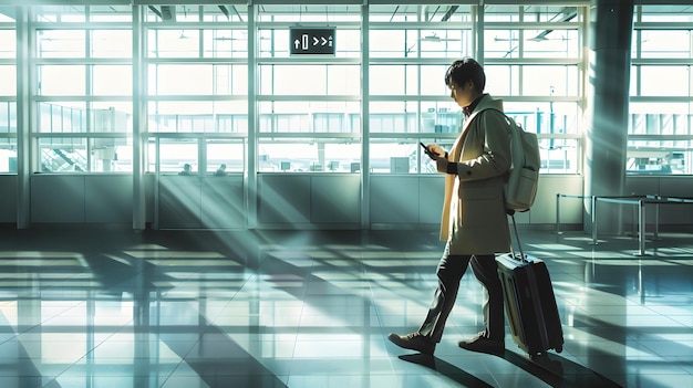 Businessman Walking with Suitcase Through Airport Terminal with Smartphone