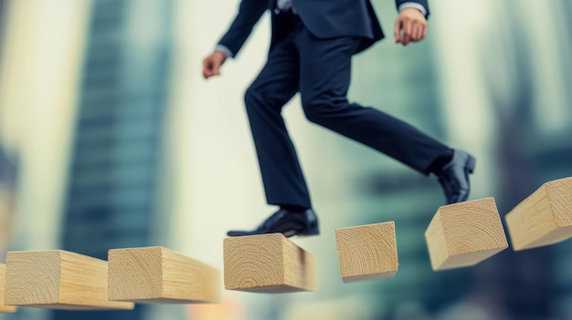 Photo businessman walking on wooden blocks