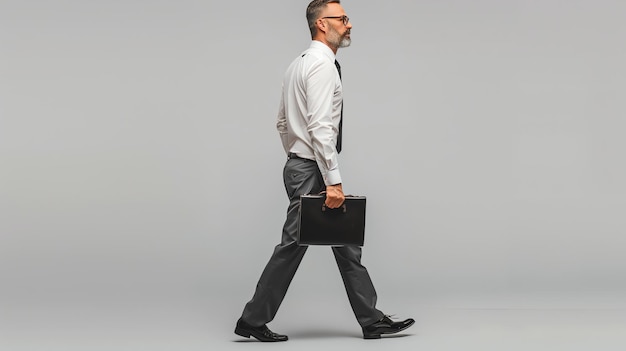 A businessman walks confidently towards the camera holding a briefcase in one hand