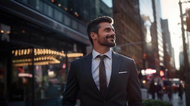 Businessman walks outside among office buildings