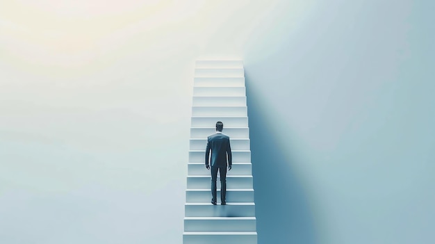 A businessman walks up a set of white stairs with a bright light in the distance