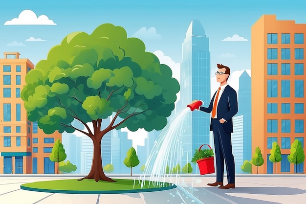 Businessman watering business tree Planning and growing strategy business concept Vector flat illustration Man on city background