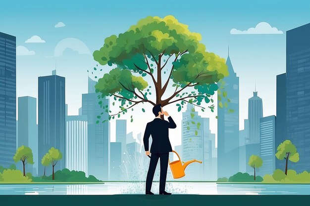 Businessman watering business tree Planning and growing strategy business concept Vector flat illustration Man on city background