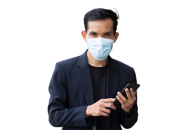 Businessman wear facemask white background, Man medical mask