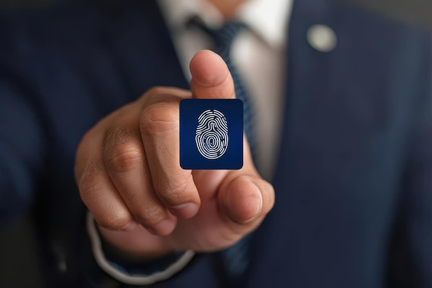 Photo businessman wearing black suit and hand touch interface scanning fingerprint to unlock concept secu