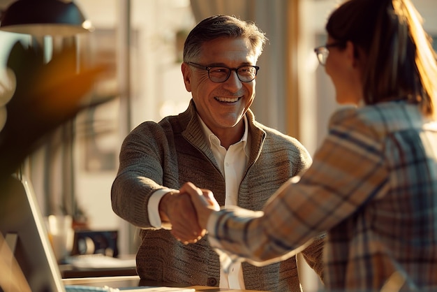 A Businessman Wearing Glasses and a Black Shirt Smiling Beside a Businesswoman Wearing Glasses Bo