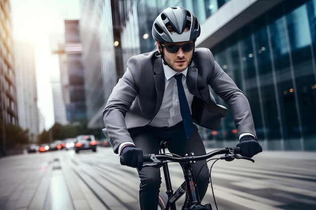 businessman wearing helmet biking with bicycle on road in city to work