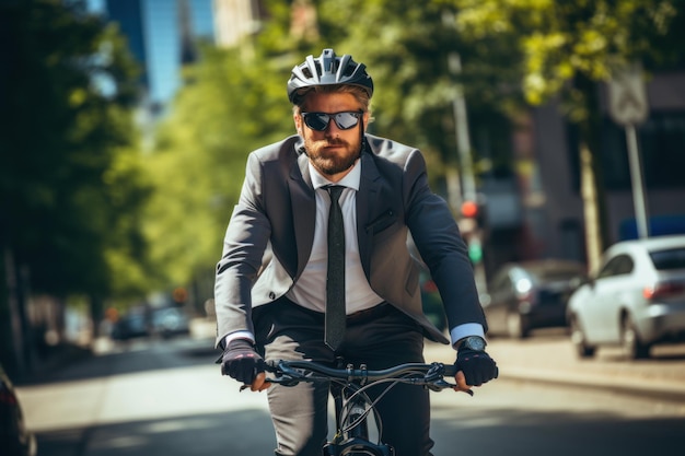 Businessman wearing helmet biking with bicycle on road in city to work