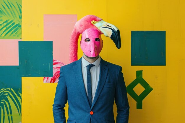 Businessman wearing a pink flamingo mask standing in front of colorful wall in travel and fashion theme