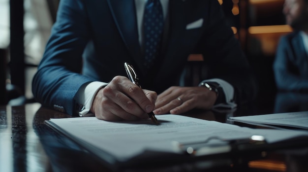 a businessman wearing a suit as he diligently completes a contract the shot is taken from a medium d