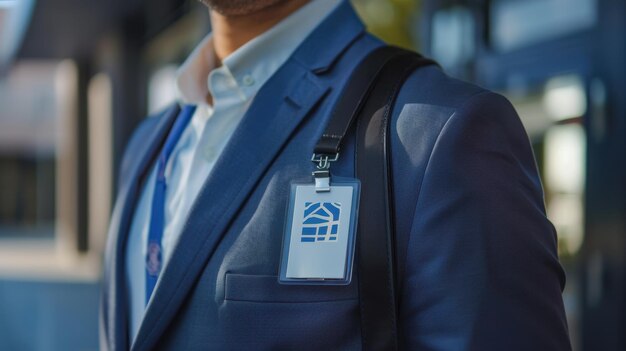 Photo businessman wearing suit standing outside office building with name tag