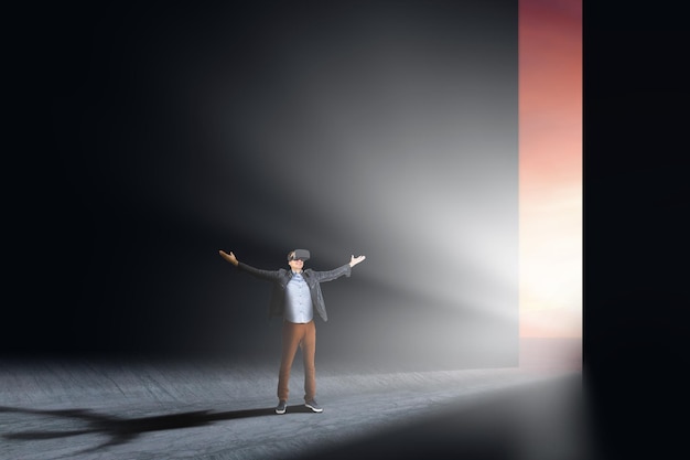 businessman wearing virtual glasses standing in front of opened doors.