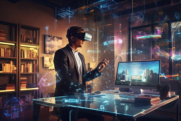 Businessman wearing virtual reality goggles in office with city hologram Mixed media Businessman using virtual reality headset in modern office at night Mixed media AI Generated