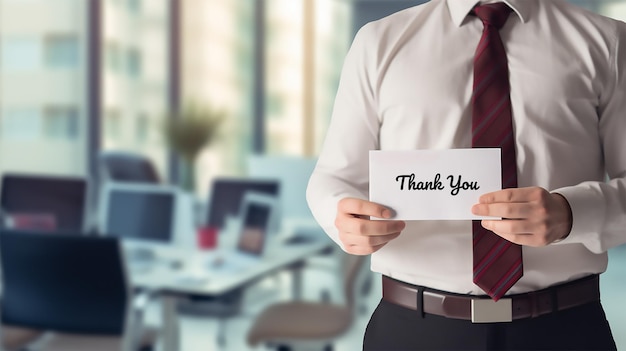 A businessman wearing white shirt and holding a thank you card in front of the office