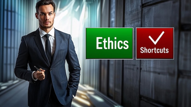 Businessman Weighing Ethical Choices Between Green Ethics Button and Red Shortcuts Button