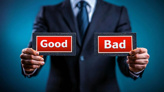 A businessman weighing ethical choices holds glowing signs depicting good and bad decision