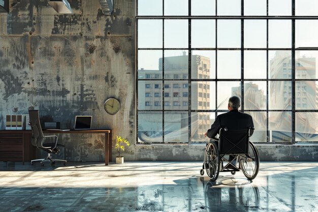 Photo businessman in wheelchair looking out of office window at city view