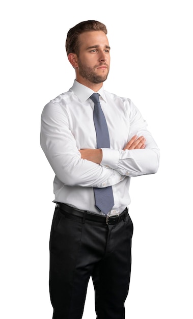 Businessman in white shirt and tie arms crossed isolated over white background