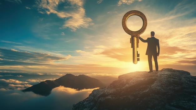 Photo businessman winner walks up to top of stairway lifting golden success key to the sky