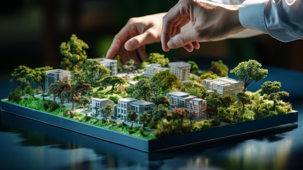 Businessman with 3d city model on table in real estate office architecture design concept