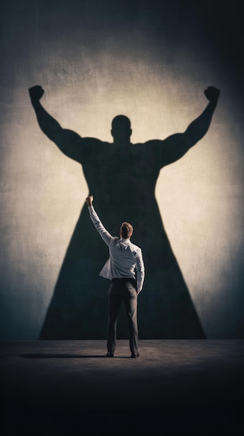 Photo businessman with arms raised and large superhero shadow on the wall symbolizing strong leadership and confidence motivation empowerment business success