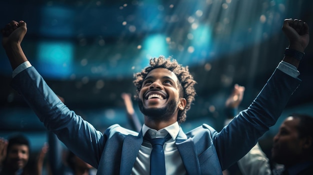 Businessman with arms raised