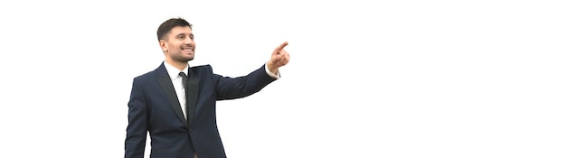 The businessman with a bag gestures on the white wall background