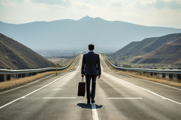 A businessman with briefcase walk at road toward success