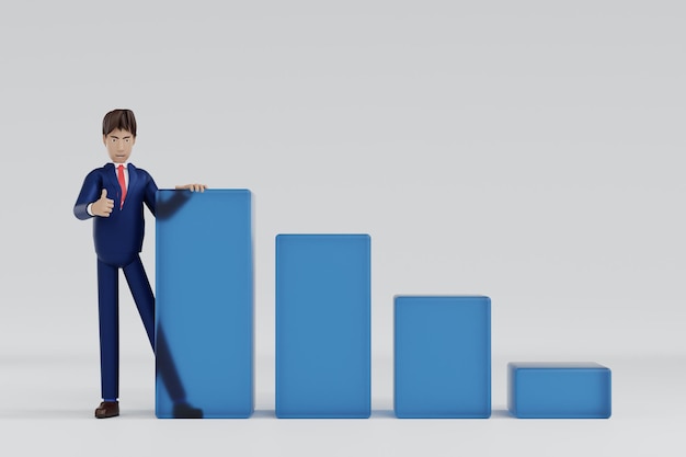 Businessman with business bar chart financial business concept 3D rendering cartoon character