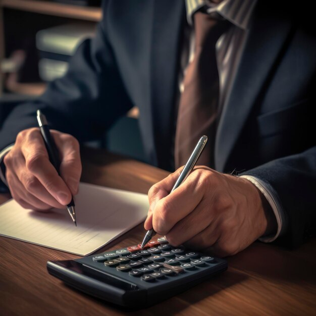 Businessman with calculator counting making notes at office hand is writes in a notebook