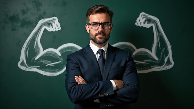 Photo businessman with chalk strength confidence empowerment