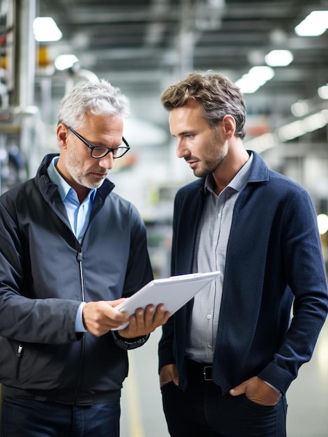 businessman with colleague discussing in factory