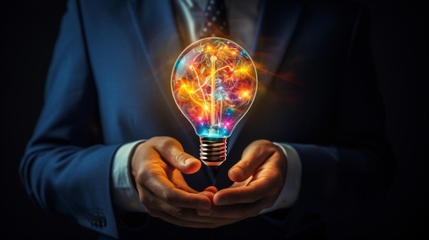 Businessman with colorful glowing bulb full