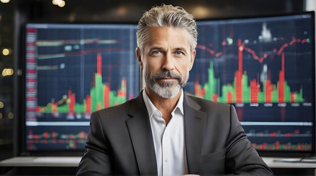 Photo a businessman with contemporary city money and a background of stock charts for a financial property