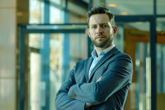 Photo businessman with crossed arm with a simple smile confident corporate suit wearing