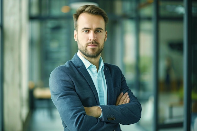 Photo businessman with crossed arm with a simple smile confident corporate suit wearing