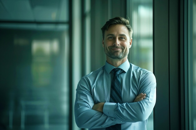 Businessman with crossed arm with a simple smile confident corporate suit wearing