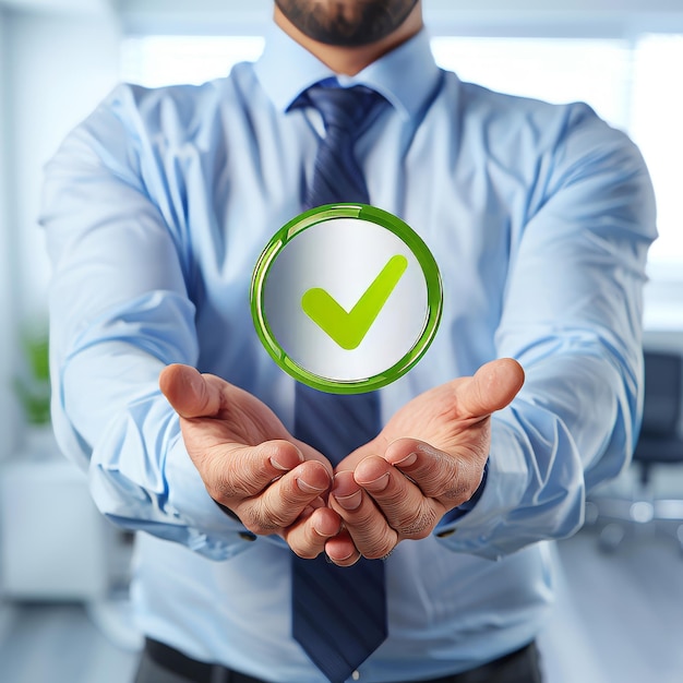 Photo businessman with digital green compliance tick symbol certification and audit concept