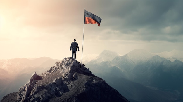 Businessman with flag standing on mountain top Businessman climbing for business success goals Generative AI illustrator