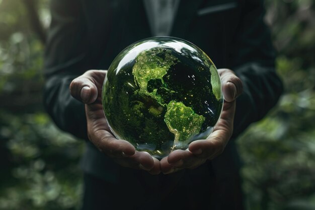 Businessman with a green globe eco friendly business Business and environmental concepts