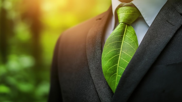 Businessman with Green Leaf Tie Representing Eco Friendly Corporate Responsibility