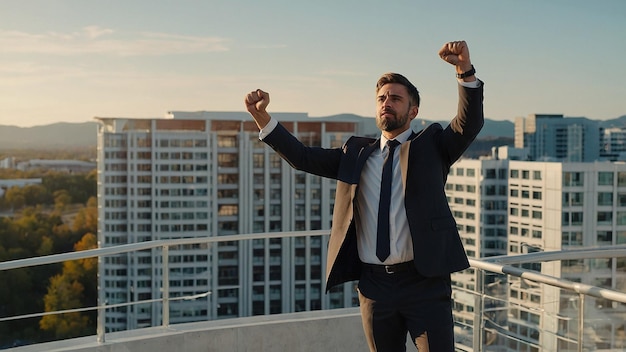 Photo businessman with laptop on office terrace celebrating completed project