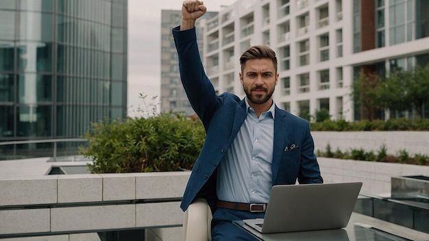 Photo businessman with laptop on office terrace celebrating completed project