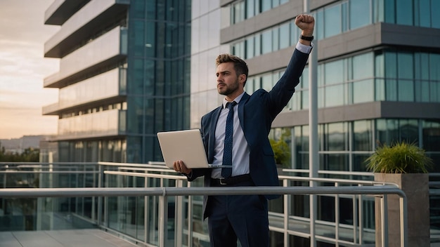 Photo businessman with laptop on office terrace celebrating completed project