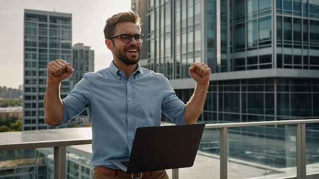 Photo businessman with laptop on office terrace celebrating completed project