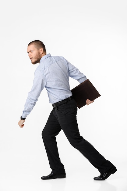 Businessman with leather case on white background