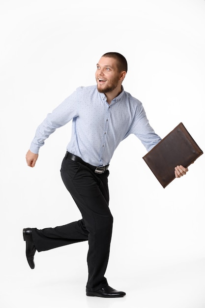 Businessman with leather case on white background