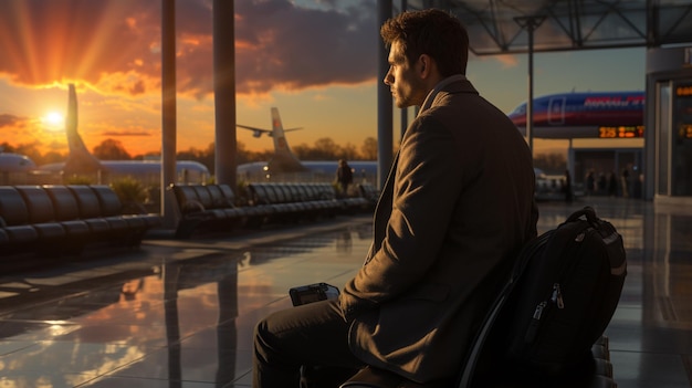 Businessman with luggage waiting for the plane to arrive