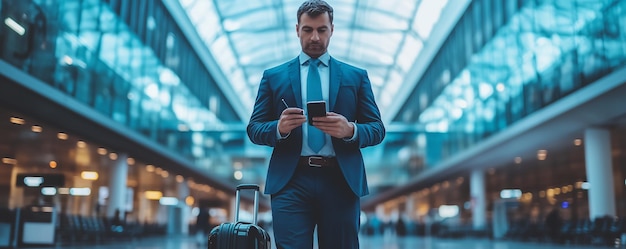 Businessman with mobile phone and luggage at the airport Business and travel