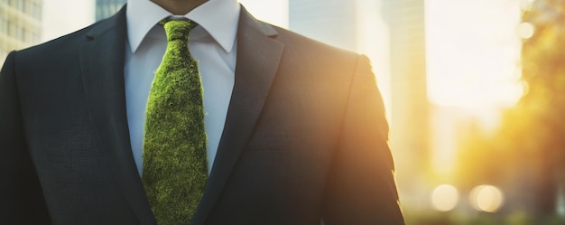 Businessman with moss tie in cityscape at sunrise ecological fashion concept